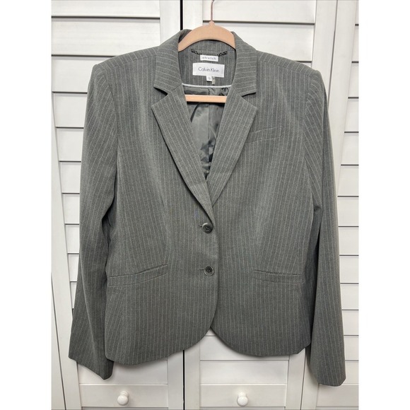 Calvin Klein Pinstripe Two Button Lined Stretch Blazer Size 12 Gray & White - Picture 1 of 11